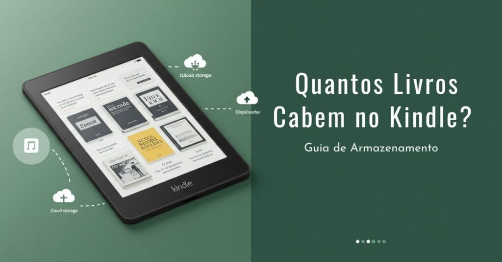 Imagem de um Kindle com a tela exibindo vários livros digitais, ao lado de ícones de nuvem e armazenamento, representando o tema ‘quantos livros cabem no Kindle’.