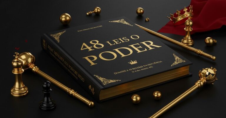 Capa do artigo sobre o livro As 48 Leis do Poder, com fundo preto, elementos dourados e texto: 48 Leis do Poder — Domine as regras da influência.